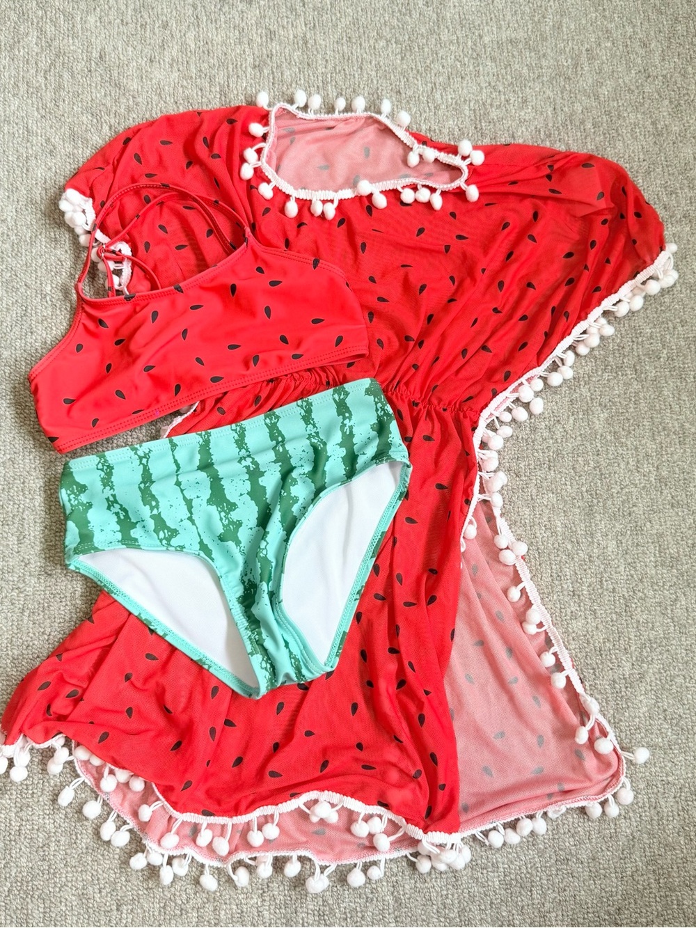 Girls’ Watermelon Print Swim Set & Cover-Up - Red and Green